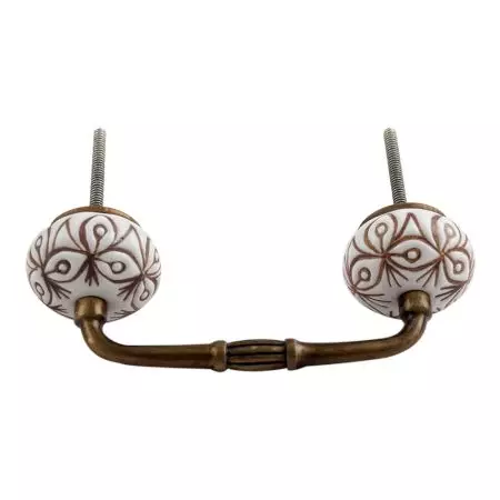 White Base Brown Etched Ceramic Floral Bridge Handle